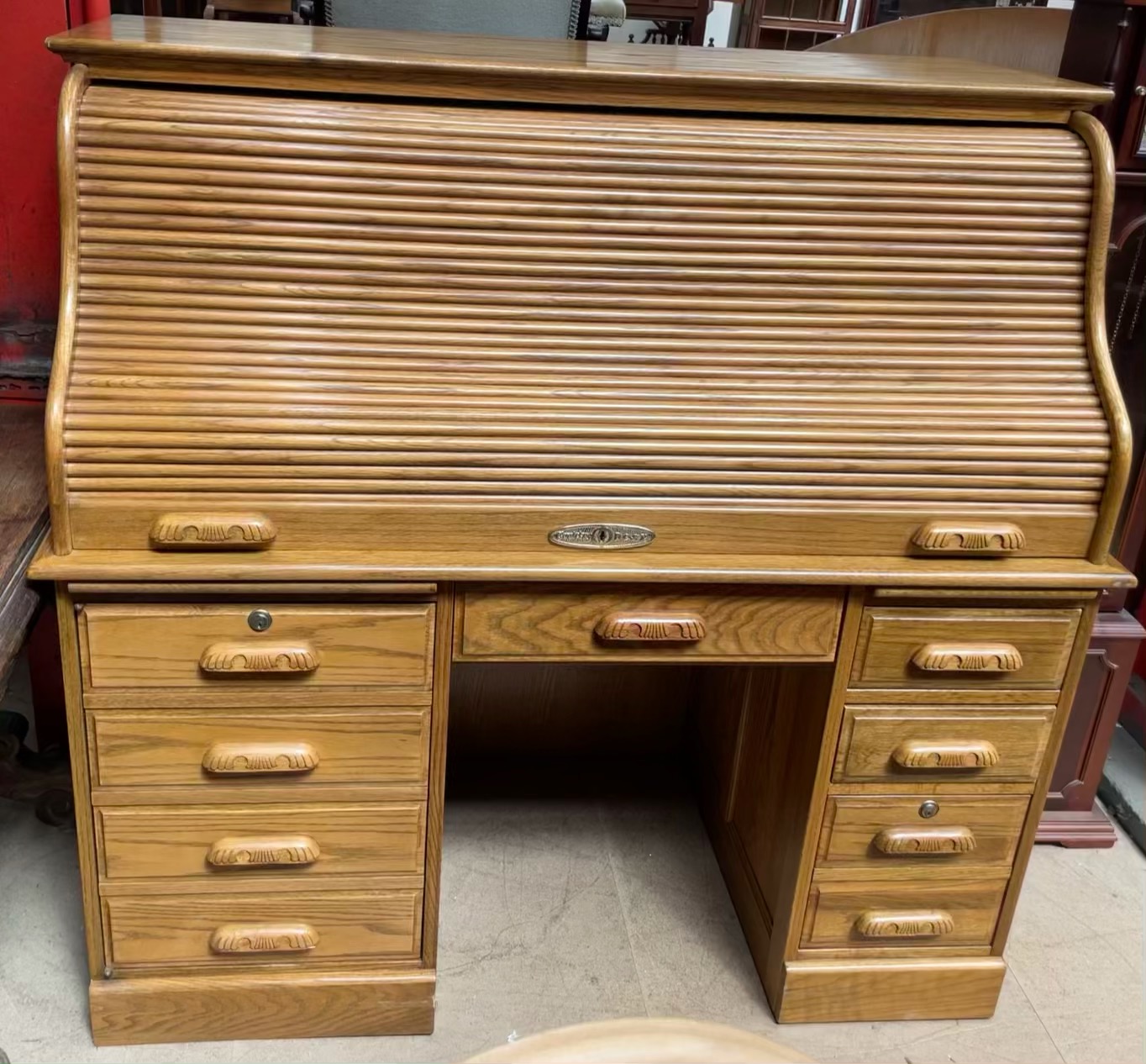A Victorian style serpentine tambour fronted desk, by Country Desk, - Image 2 of 2