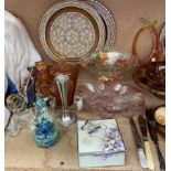 A Mdina glass paperweight together with a glass dressing table set,