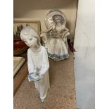 A Spanish porcelain figure of a seated lady together with another Spanish figure