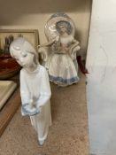 A Spanish porcelain figure of a seated lady together with another Spanish figure