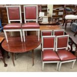 A set of six continental grey painted and upholstered dining chairs together with a mahogany drop