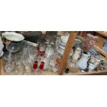 A large lot, including a dragon handled pottery jardiniere, drinking glasses, tripod, pottery jugs,