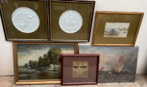A pair of Parian plaques together with an oil painting of a shipping scene,