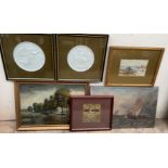 A pair of Parian plaques together with an oil painting of a shipping scene,