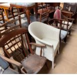 A Lloyd Loom white painted chair together with a stick back elbow chair,