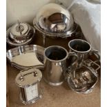 An electroplated entree dish and cover, together with pewter tankards,