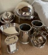 An electroplated entree dish and cover, together with pewter tankards,