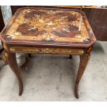 An inlaid Italian games table, with a removable top, revealing a backgammon board, chess board,