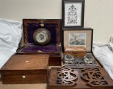 A walnut book slide together with a desk standish, lap top desk, jewellery box,