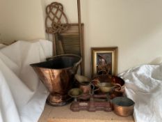 A 19th century copper coal scuttle, together with a preserving pan, copper saucepan,