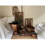 A 19th century copper coal scuttle, together with a preserving pan, copper saucepan,