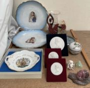 Sevres parian portrait plaques together with Continental portrait plates, glass vase,