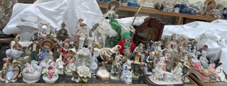 A large lot including pottery figures, horse table lamp, vases,