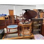 A mahogany display cabinet, together with a stool, modern coffee table and occasional table,