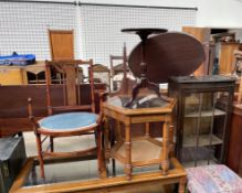 A mahogany display cabinet, together with a stool, modern coffee table and occasional table,