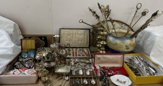 A brass fireside tidy, together with brass fire irons, assorted electroplated flatwares, cruet,