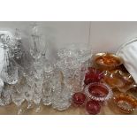 Carnival glass together with cranberry glass, glass decanters,