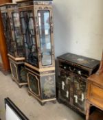 A pair of Chinoiserie decorated corner display cabinets together with a similar side cabinet