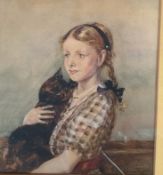 Lilian Rutter Young girl and cat Watercolour Signed 22 x 20cm