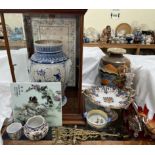 A table top shop display cabinet together with a crackle glaze vase, Chinese porcelain plaque,