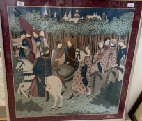 A framed scarf of a medieval scene of figures on horse back with Ladies in attendance