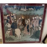 A framed scarf of a medieval scene of figures on horse back with Ladies in attendance