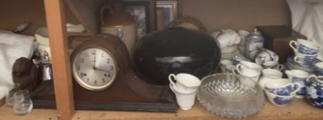 A Napoleon Hat mantle clock, together with a jardiniere, drinking glasses, glass lamp shade, prints,