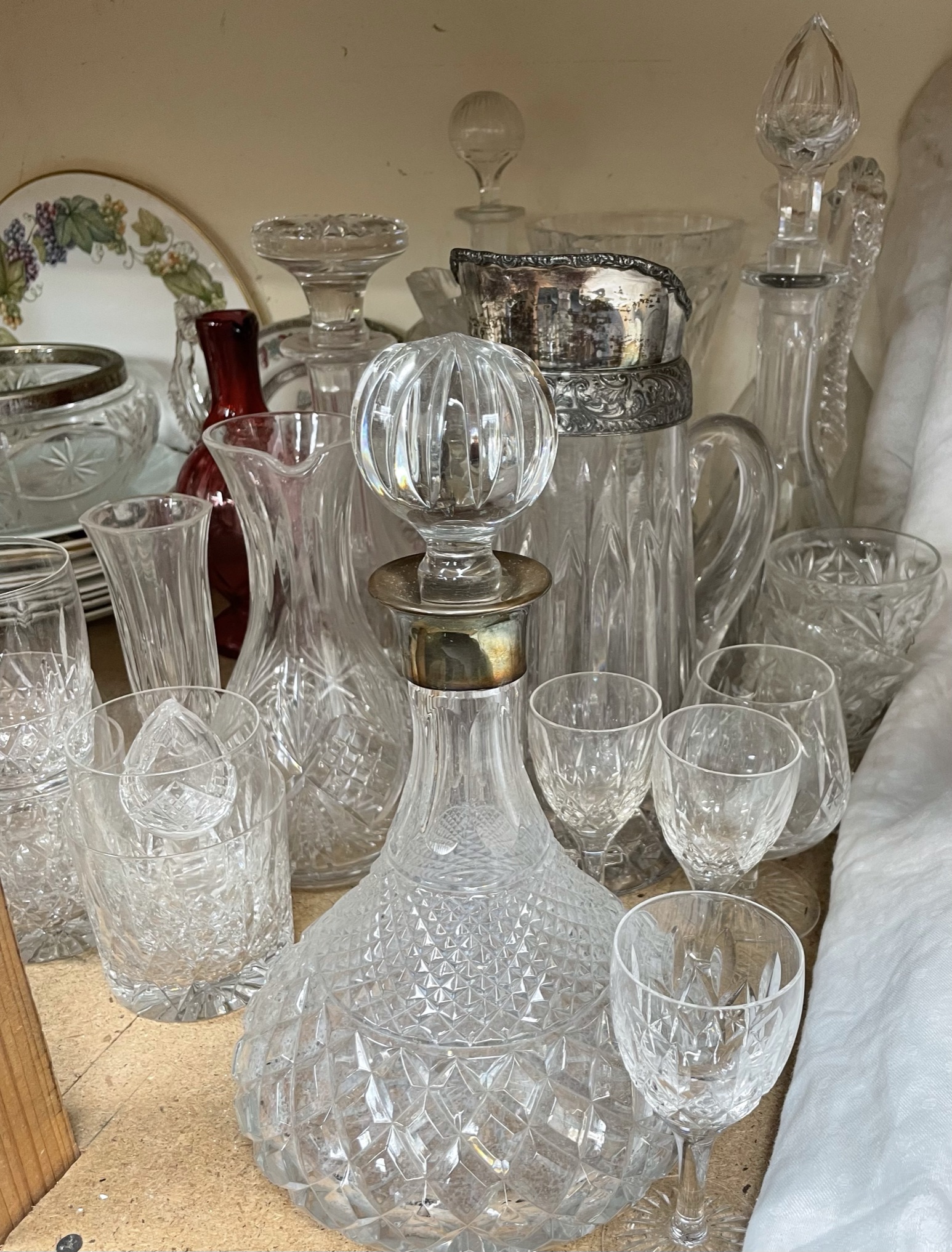 A silver topped and glass ships decanter together with other decanters, drinking glasses, - Image 2 of 5