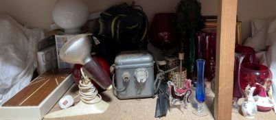 A coal scuttle together with ruby glass vases, shoes, lamp,