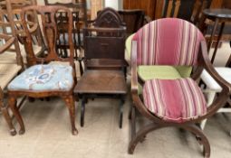 A 19th century Dutch marquetry dining chair together with a slat back nursing chair,