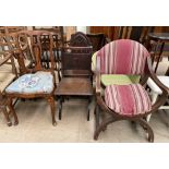 A 19th century Dutch marquetry dining chair together with a slat back nursing chair,