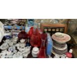Assorted miniature tea sets together with ruby glass vases, various plates,