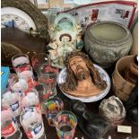 Carved African figure heads together with pottery vases, Jesus Christ plaster head, clocks, books,