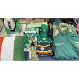 Assorted Irish Rugby clothes, ball,