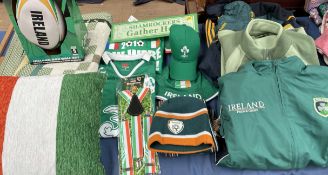 Assorted Irish Rugby clothes, ball,