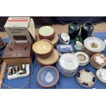 A Denby terracotta and cream part dinner set together with assorted blue and white plates,
