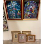 A framed illuminated manuscript together with a pair of tapestry pictures and prints etc