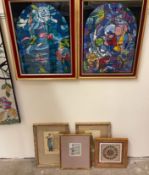 A framed illuminated manuscript together with a pair of tapestry pictures and prints etc