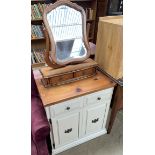 A small painted pine side cabinet together with a dressing table mirror