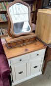 A small painted pine side cabinet together with a dressing table mirror