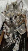 Assorted electroplated wares including teapots, sugar caster, sugar nips,