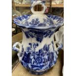 A large 19th century flo-blue pottery twin handled vase and cover