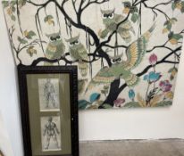 A tapestry picture of owls together with a print