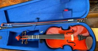 A Stentor Student I child's violin and bow, cased, 52cm long, back not including button,