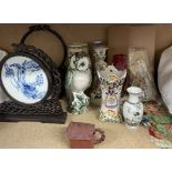 A Cotswold pottery owl, together with Chinese porcelain face screens, Japanese satsuma vase,