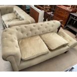 A matched pair of late 19th / early 20th century drop arm chesterfield settees