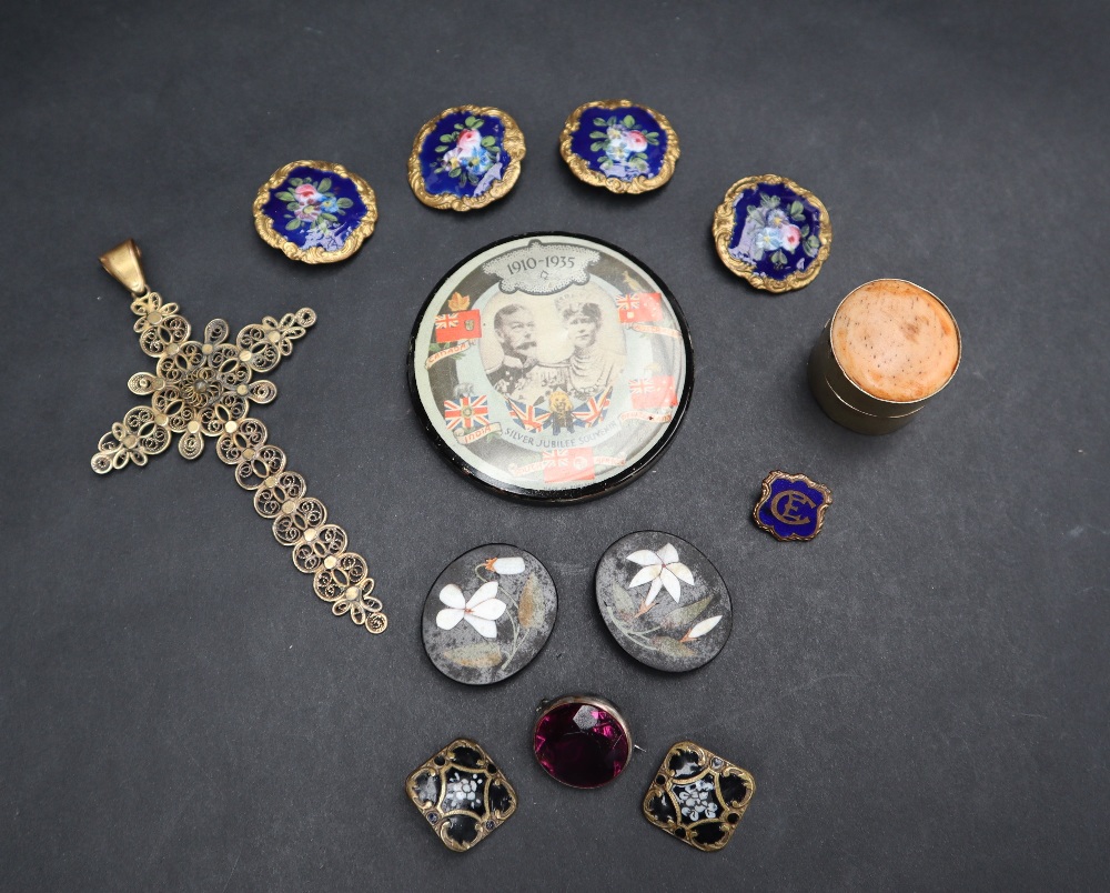 A pair of Pietra Dura panels depicting snow drops, together with French enamel buttons,