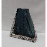 A Whitefriars glass pyramid vase of triangular textured form, by Geoffrey Baxter, in turquoise, 17.