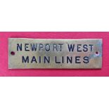 Railwayana - A brass signal box shelfplate "NEWPORT WEST MAIN LINES", 12 x 3.
