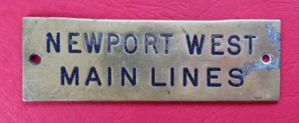 Railwayana - A brass signal box shelfplate "NEWPORT WEST MAIN LINES", 12 x 3.